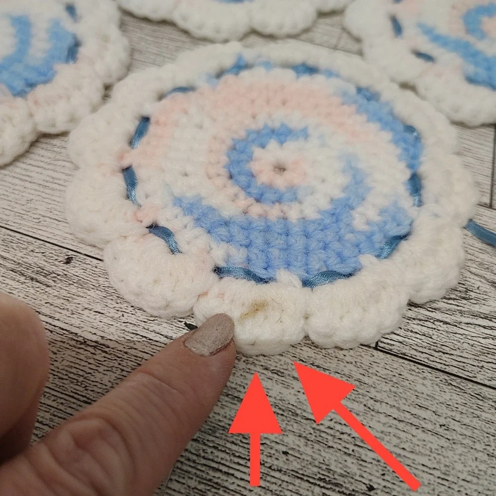 Handmade Crochet Coasters (Set of 4) Pastel Blue Pink Ribbon Accent Cottagecore‎